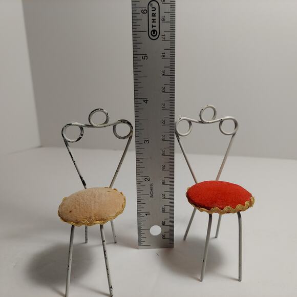 Antique Metal Chairs Japan Miniature Dollhouse Tan Red Sewing Pin Cushion Pair - Picture 3 of 8